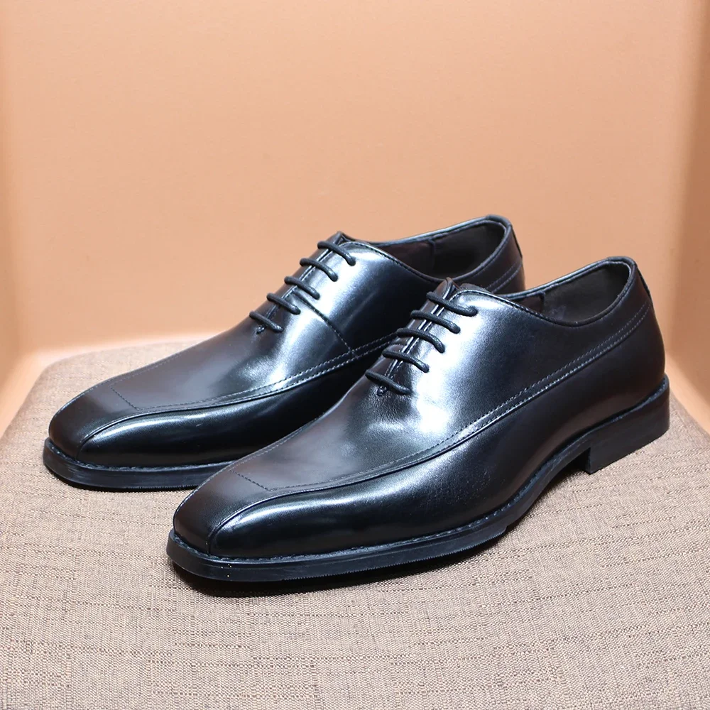 Classic Men's Genuine Leather Dress Shoes Plain Toe Lace-Up Oxfords Handmade Formal Office Wedding Party Suit Shoes