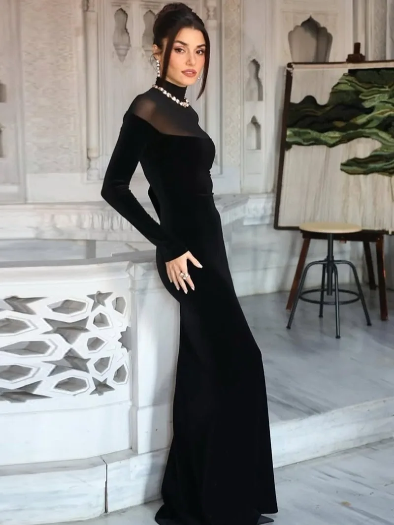 Elegant Sexy Full Sleeve See-through Long Maxi Dress for Women Mesh Patchwork Bodycon Black Evening Dresses Wedding Party Gowns