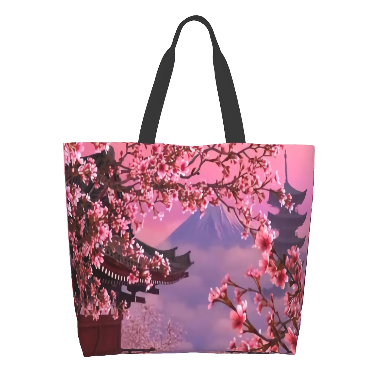 Pink Cherry Blossoms Japanese Towel Tree Mount Fuji Sakura Canvas Tote Bag Reusable Grocery Bags Bulk Large Casual Shopping