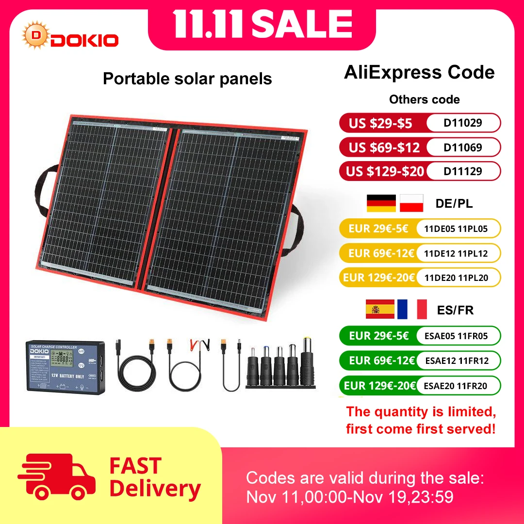 Dokio 18V 100/160/200/300 W Portable Foldable Solar Panel with 12V Controller to Charge Battery suitable for Camp