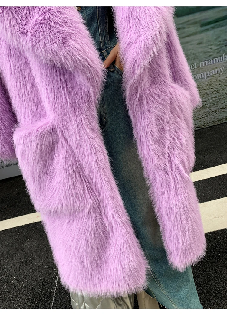 Lady Light Purple Eco-friendly Faux Fur Coat Female Lapel Suit Artificial Wool Long Jacket Winter Women\'s Coats Promotion