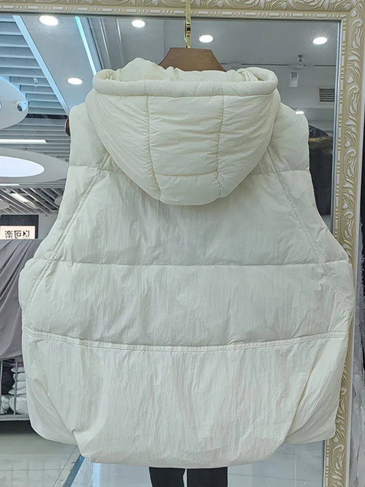 Women White Duck Down Sleeveless Jacket with Hood Casual Over Size Autumn Winter Warm Loose Thick Fashionable Vest New