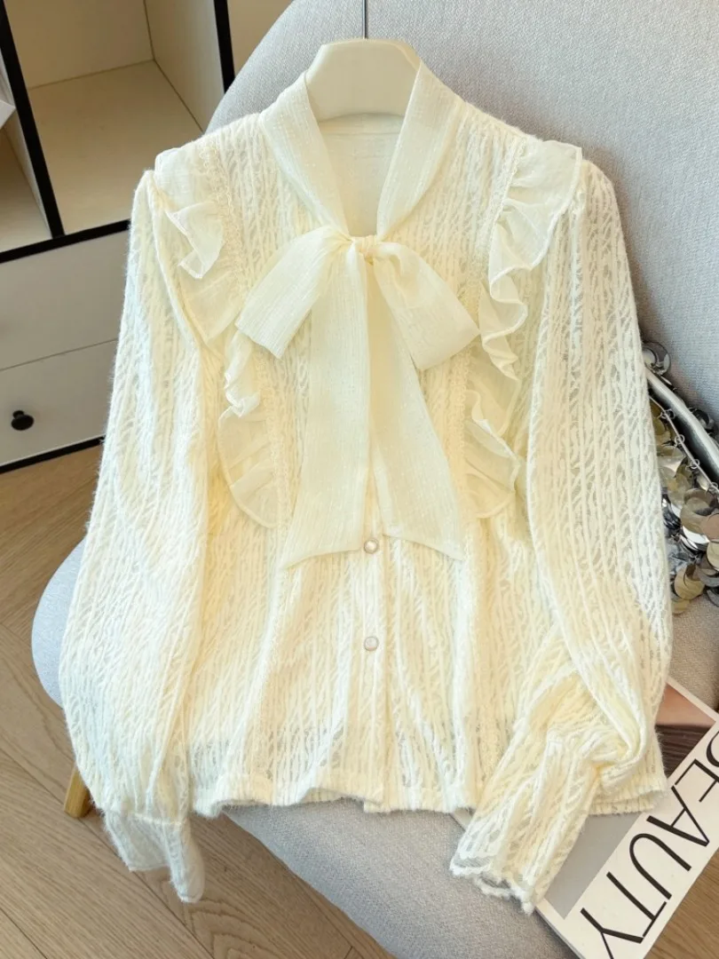 Csa de Manga Larga para Mujer, Forrada de Felpa, con Encaje y Borde Pado, Estilo Informal, para Otoño e Invierno, Ropa ...