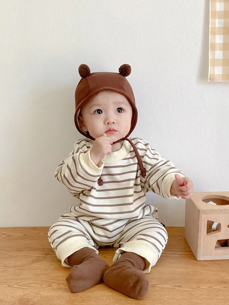 2025 primavera nuevo bebé mameluco de manga larga niño niña recién nacido algodón ropa Casual infantil mono de oso a rayas bebé Onesie 0-24M