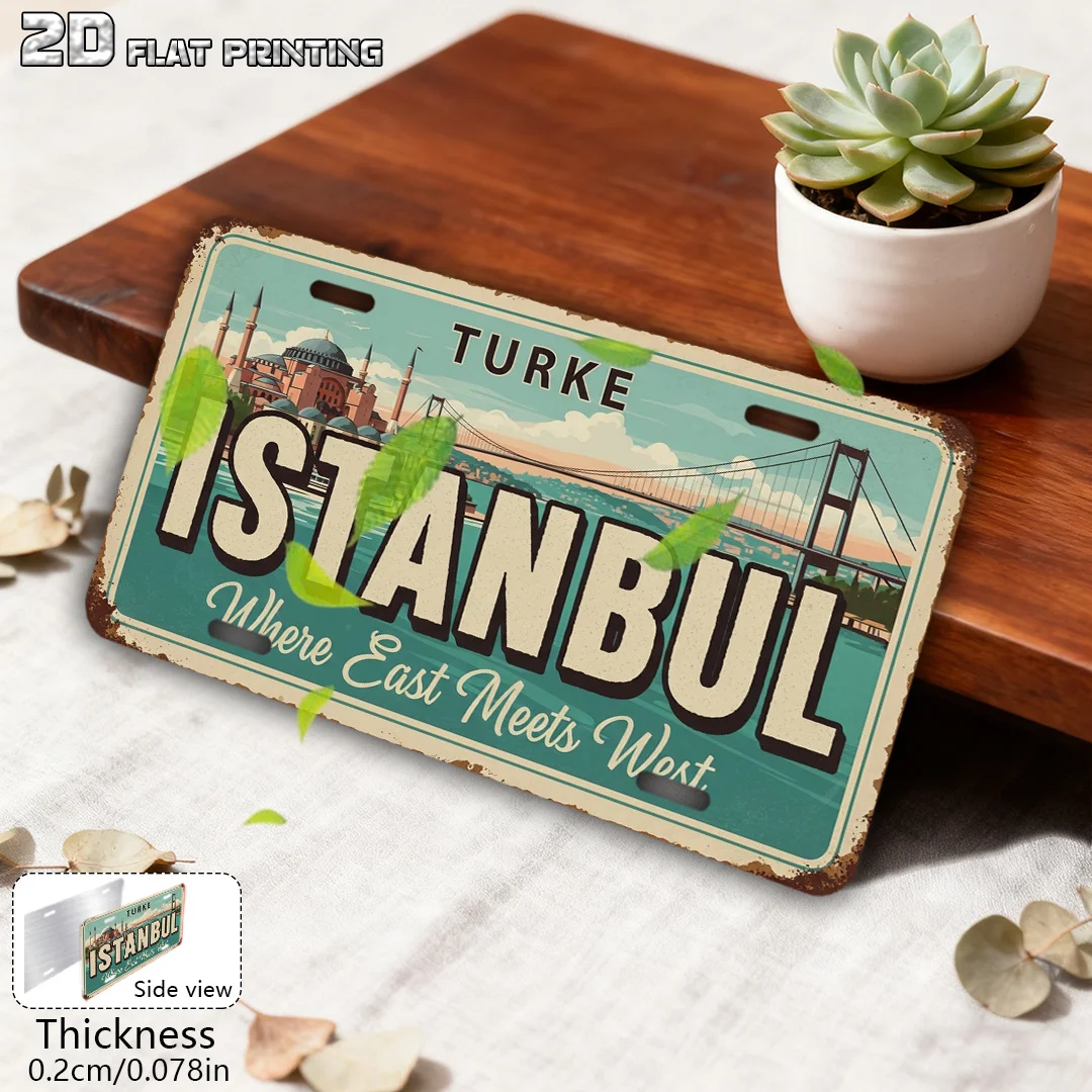 2D Flat Istanbul Turkey Vintage Metal License Plate Sign Retro City Landscape Wall Plaque Bar Home Decor