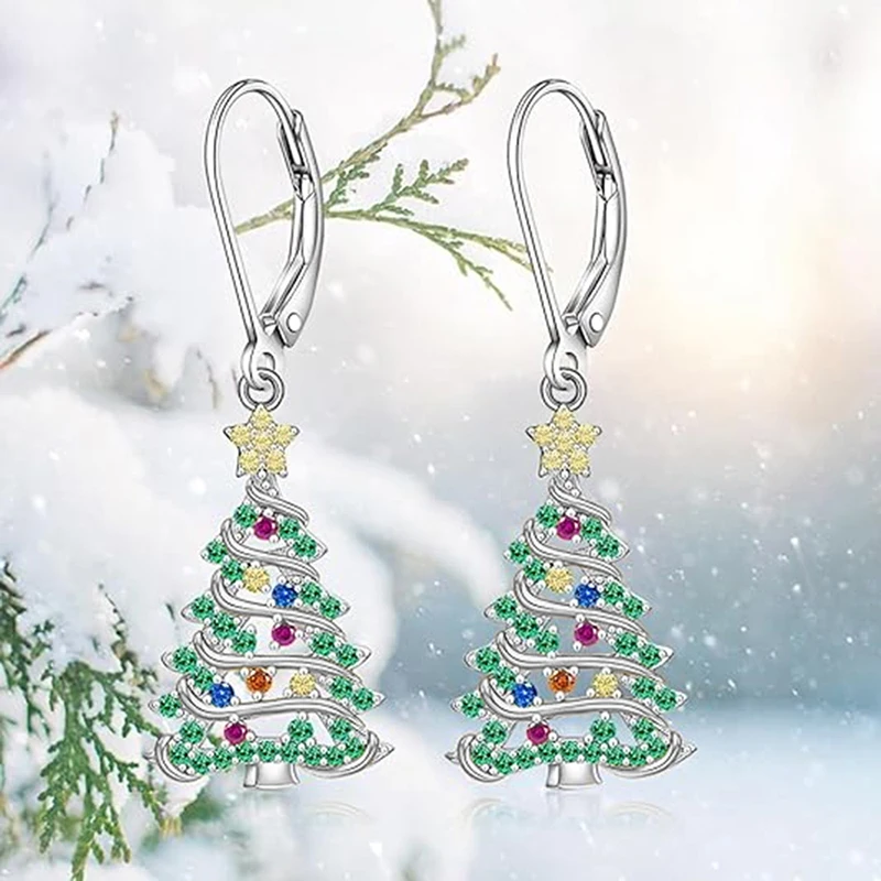 Huitan Exquisite Christmas Tree Pendant Earrings Female Party Accessories with Bright Zirconia Silver Color Jewelry for New Year