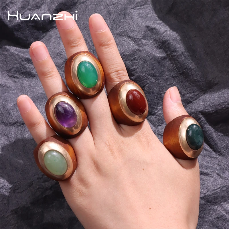 HUANZHI Natural Stone Wood Oval Metal Large Rings for Women Exaggerated Chunky Big Vintage Geometric New Jewelry