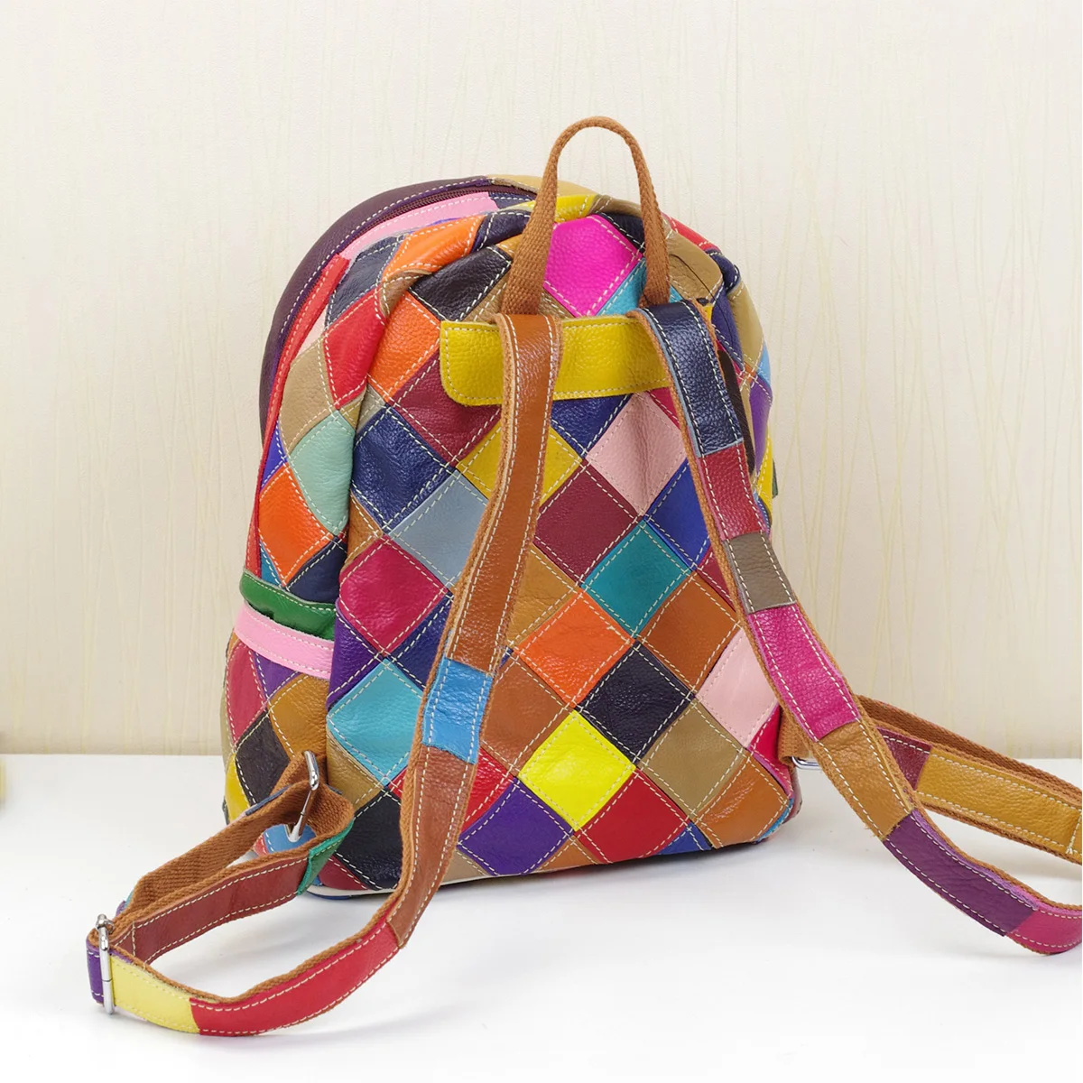 Genuine leather ladies bag boutique colorful plaid contrast backpack bohemian casual women's backpack