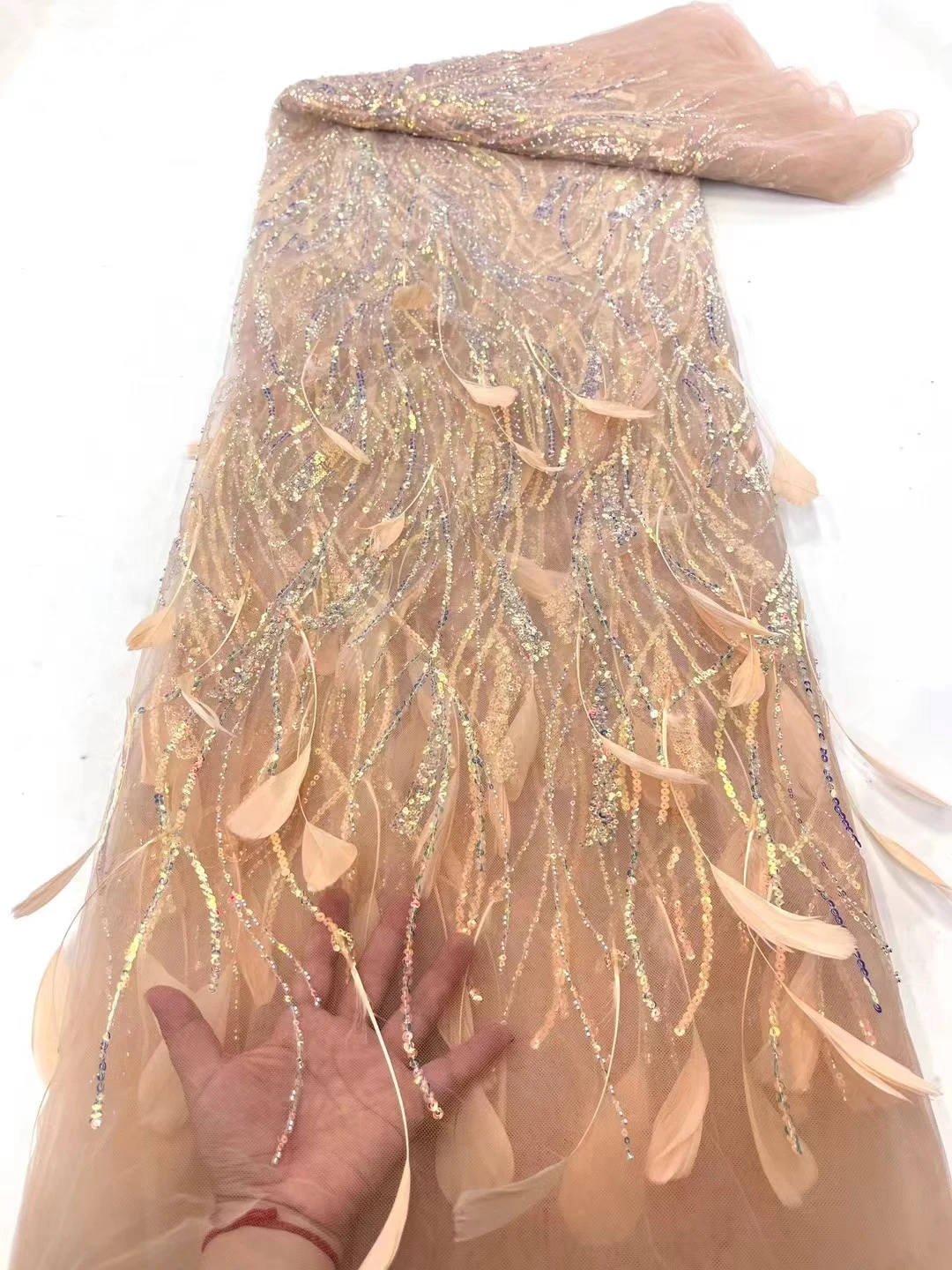 New heavy industry feather bead sequin embroidery mesh, high-end stage runway fashion fairy dress evening dress fabric