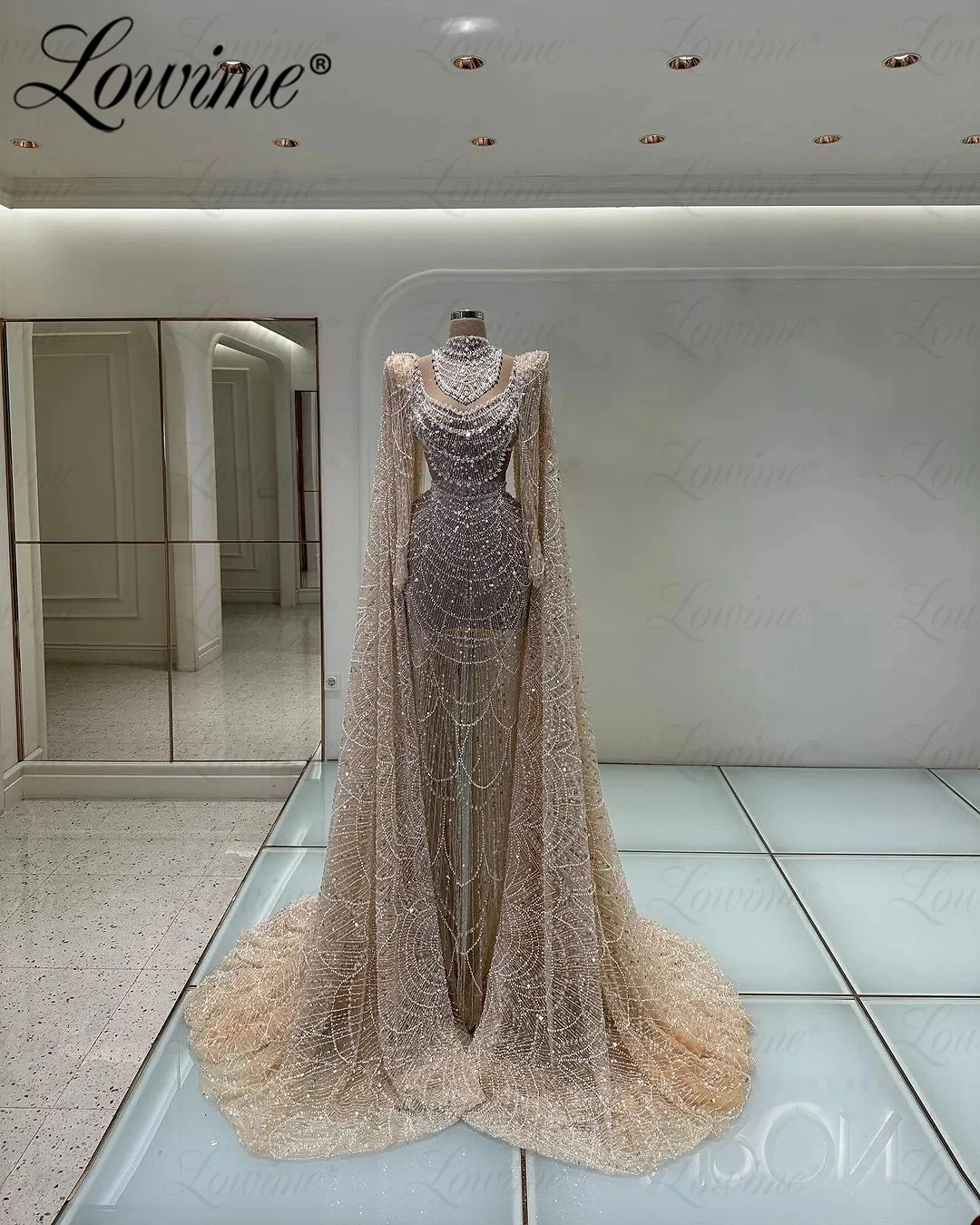 Robe de Mariée Musulmane Luxueuse à Manches sulf, Tenue de Soirée en Forme de Sirène avec Perles, Couleur Champagne, Personnalisée