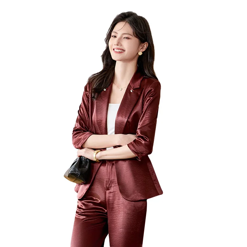 Burgundy Blazer for Women Spring New Commuter Goddess Style Three-Quarter Sleeve High-End Waist-Cinching Professional Suit Set