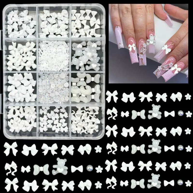 1 doos meerdere stijlen kleurrijke hars strikken nagel charmes parel hart plaksteen diamant nail art decoratie voor doe-het-zelf manicure ambachten