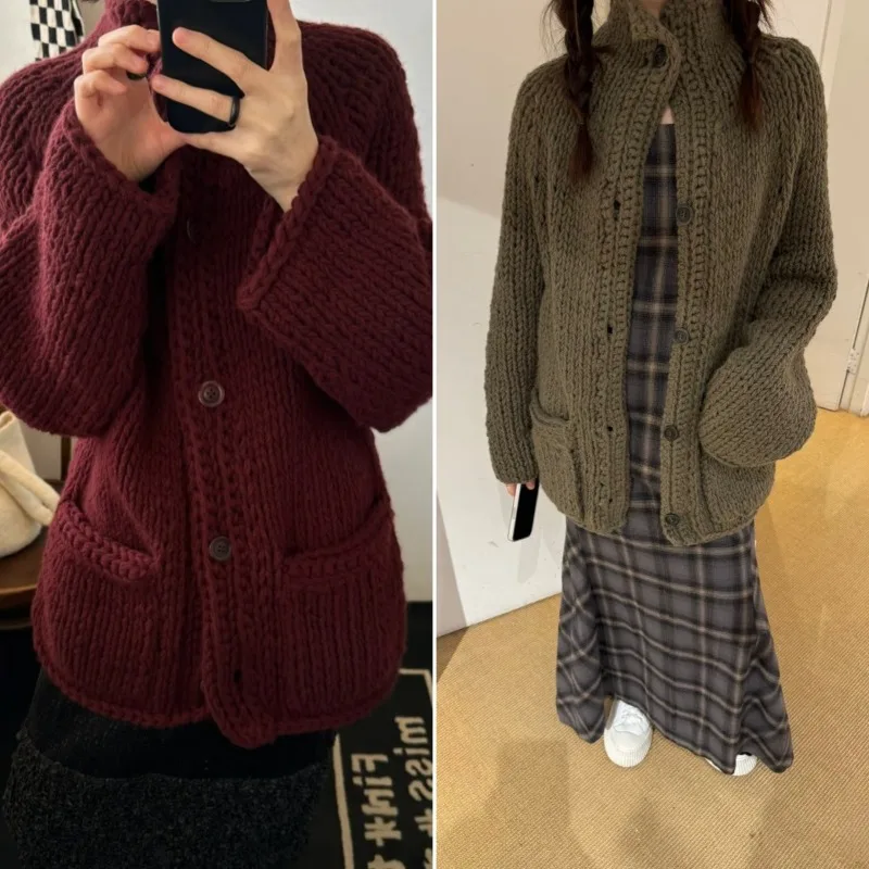 Pull tricoté de luxe fait à la main pour femmes, haute Intelligence, Style vieil argent, manteau épais, manteau 100% laine, Cardigan