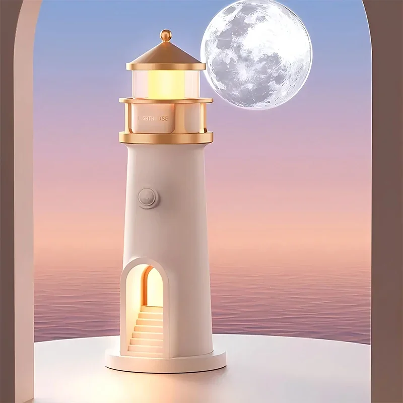 Art Deco Lighthouse Moon Projector, Rechargeable Induction LED Night Light, Living Room Fantasy Theme, Desktop Countertop Mount