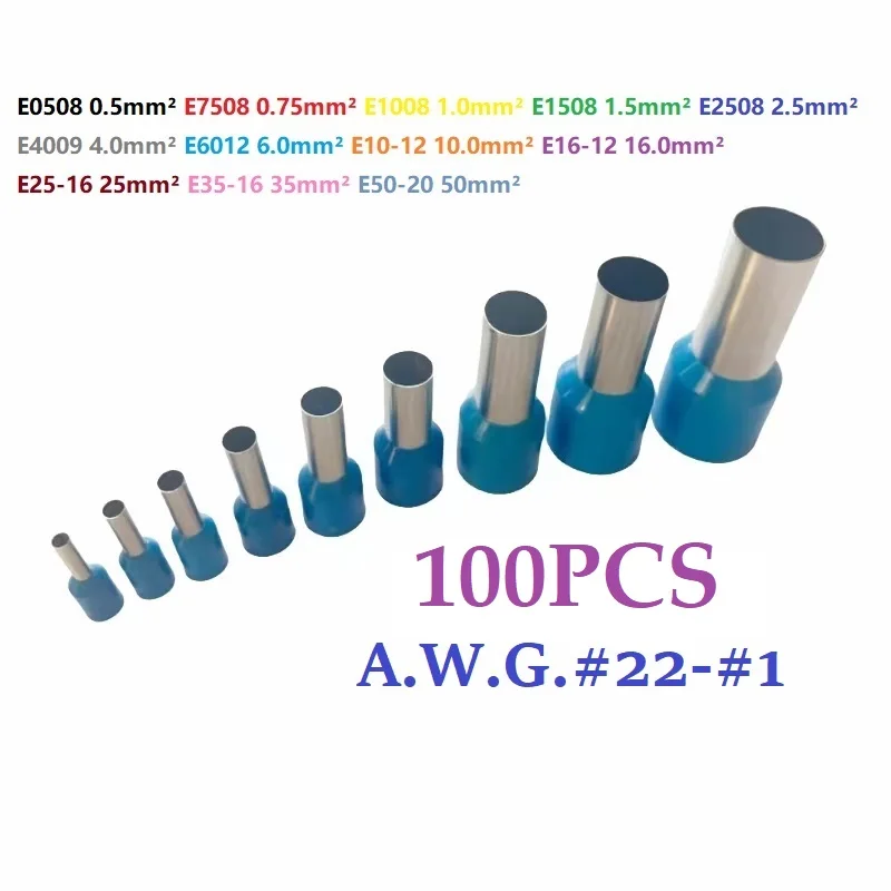 100PCS 1.5mm²~50mm² A.W.G#22~#1 Insulated Ferrules Cable Lug Single Wire Connector Crimp Terminal End Block E Models