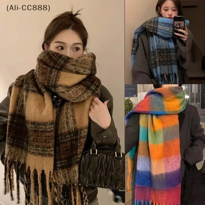 〔CC88〕Autumn and Winter Rainbow Color Blocked Imitation Cashmere Mohair Shawl Thick Scarf Checkered Tassel Scarf for Women