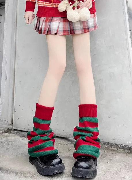 Cute Flared Leg Warmers for Girls, Japanese Harajuku Leg Warmers, Kawaii Red Green Stripe Loose Foot Cover, Knee High Socks