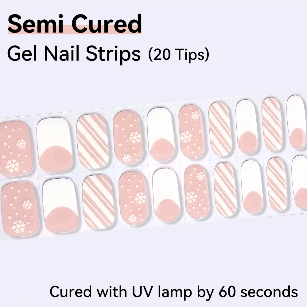 20Tips Semi-Cured Sweet Striped & Cute Slant Gel Nail Strips Gradient Nail Stickers Solid Color Full Coverage Manicure Art Wraps