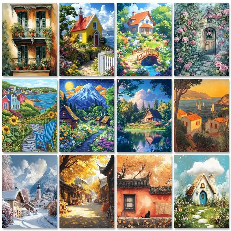 GATYZTORY Cottage Landscape Paint By Numbers For Adults Handpainted Colouring Painting By Numbers Home Decoration