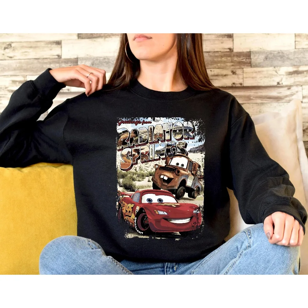 Retro mcqueen carro magia reino hoodie relâmpago mcqueen moletom casual confortável solto tripulação pescoço pulôver topo streetwear