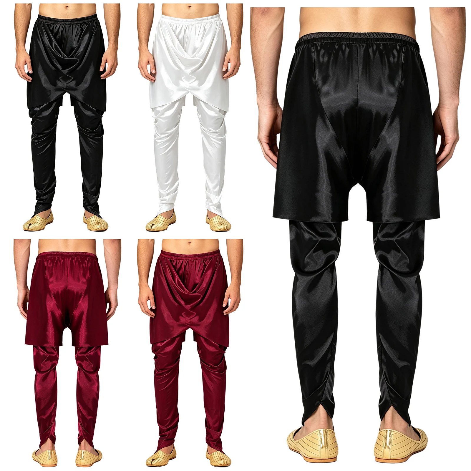Men Arabian Costume Satin Dhoti Pants Casual Cross-wrap Draped Baggy Trousers for Halloween Egyptian Pharaoh Cosplay Trousers view 5