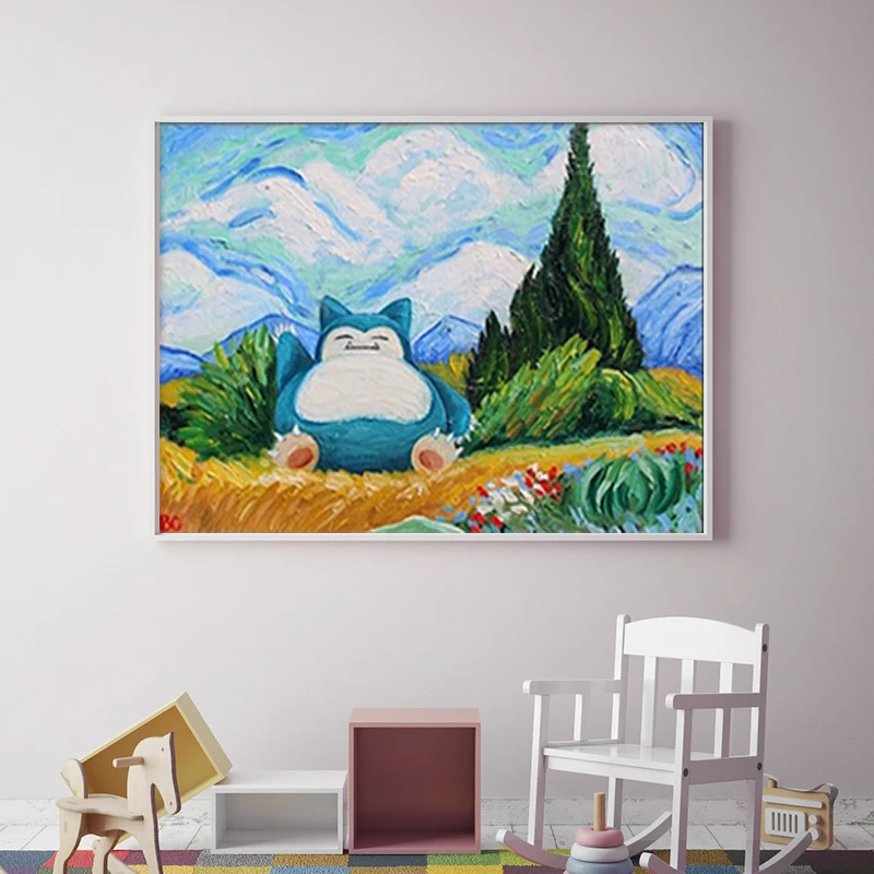 Pokemon Snorlax Van Gogh Wall Art Canvas Schilderij Poster Nursery Pokemon Snorlax Olie Foto Moderne Woonkamer Decor