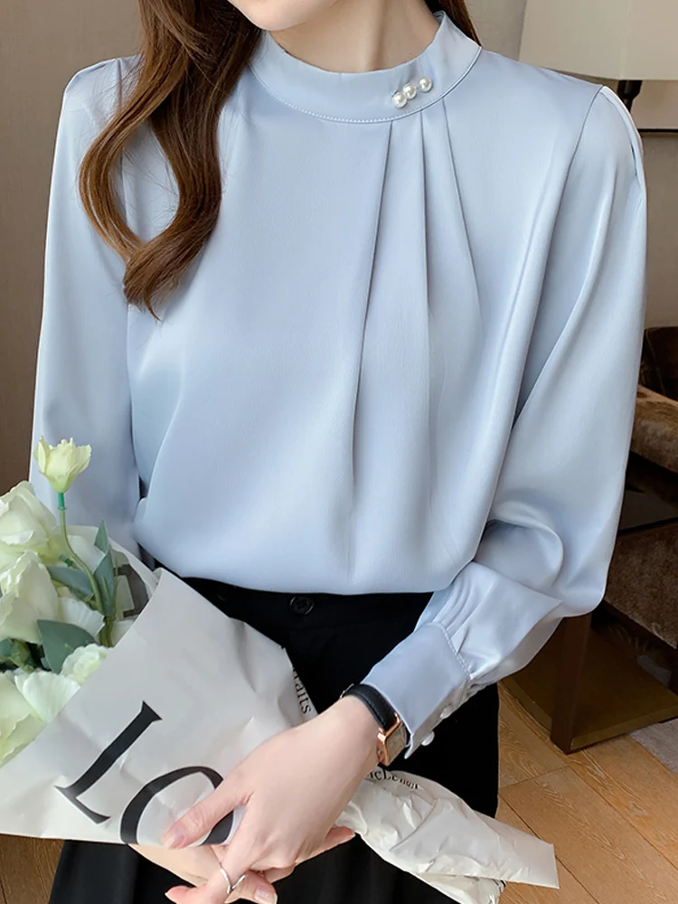 Blusas Mujer De Moda 2024 Long Sleeve Blouse Women Stand Collar White Chiffon Blouse Shirt Women Tops Shirts Blouses Femme F286