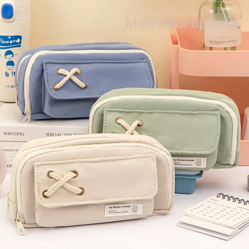 

Large Capacity Pencil Bag Aesthetic Canvas Pen Case Three-layer Zipper Pencil Pouch Stationery Holder Box Home storage bag