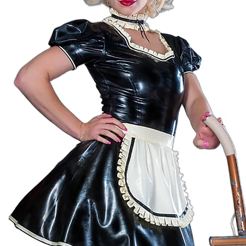 Sexy French Maid Latex Lolita Dresses With Apron Neck Belt Sweetheart Collar Short Puff Sleeves Rubber Uniform Playsuit 248