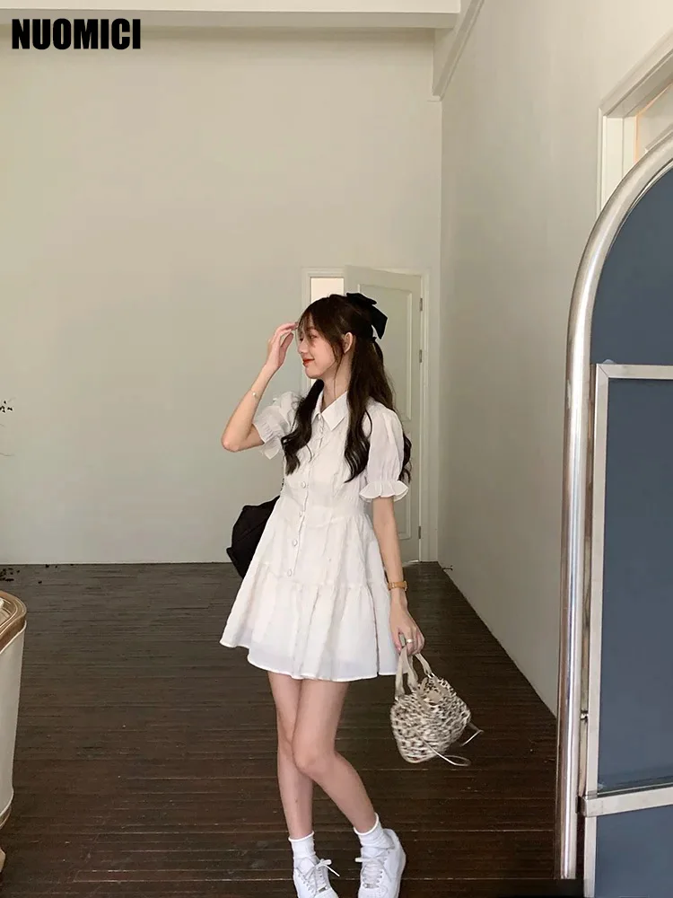 

NUOMICI 2025 Summer Women's Dress White Sweet Temperament Slim Pleated A-line Skirt Puff Sleeve Polo Collar Shirt Dress For Date