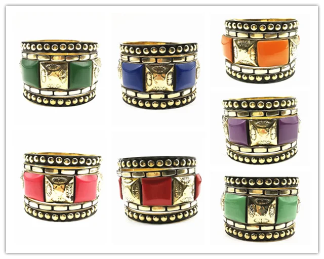 2024 Fashion BOHO Metal Brass 5PCS Sets Bangle Inlaid Candy Resin Cuff Multi Colors BB-016