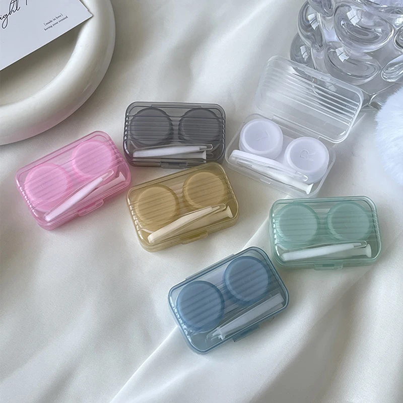 Clear Candy Color Contact Lens Case With Tweezer Wearing Stick Set Plastic Portable Contact Lenses Container Box Beauty Tool
