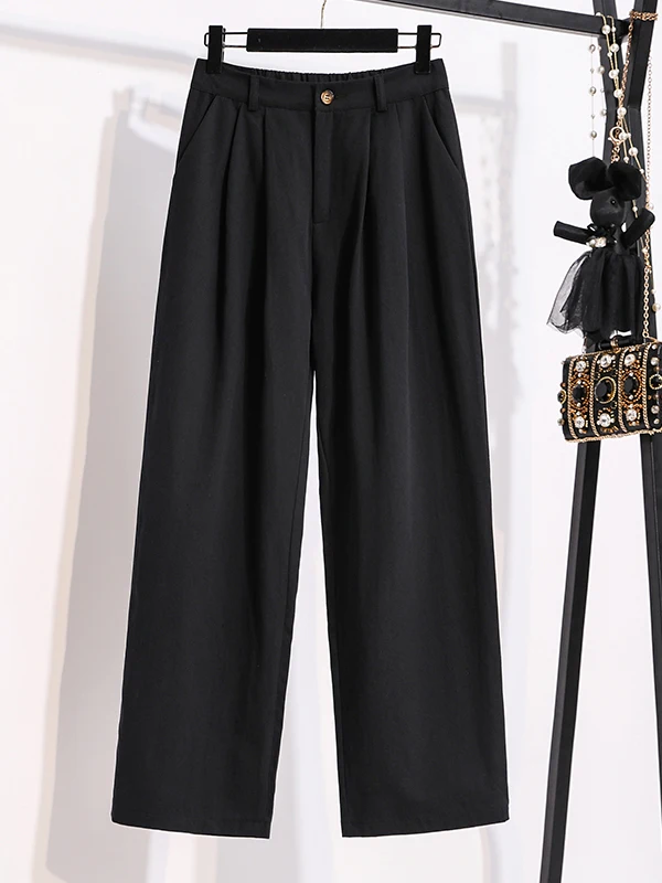 Pantaloni casual in cotone a gamba dritta ampia da donna Pantaloni lunghi a vita alta Tessuto di cotone waed bianco Comodi jeans autunnali