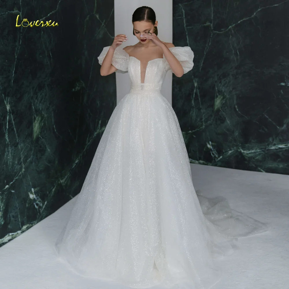 Loverxu A-Line Glitter Wedding Dresses Boat Neck Lantern Short Sleeve Vestido De Novia Lace Court Train Custom Made Bridal Gown