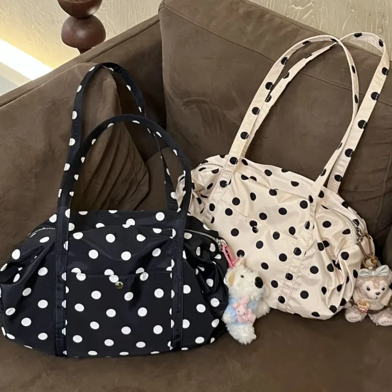 

Черно-белая сумка через плечо в горошек, вместительная тканевая сумка, ультралегкая сумка для путешествий на короткие расстояния, для занятий йогой и спортом, сумка для хранения вещей