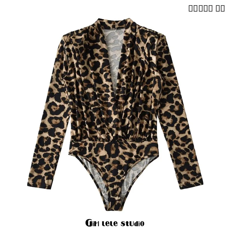 

Американский сексуальный комбинезон с леопардовым принтом, V-образным вырезом, длинными рукавами, утягивающий топ, шорты с высокой талией, для повседневной носки, весенняя коллекция