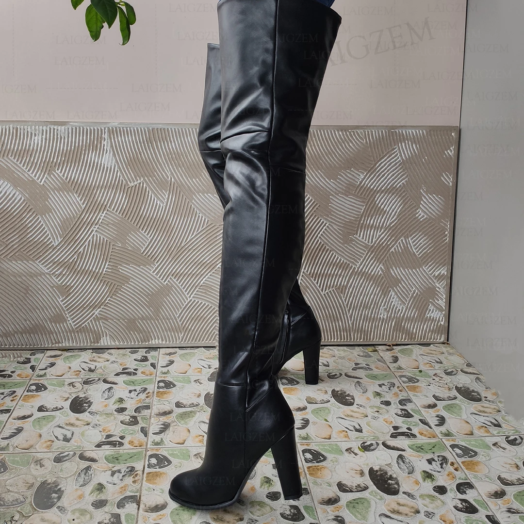 SEIIHEM Women Thigh High Boots Side Zip Round Toe Faux Leather Over Knee Boots Unisex Ladies Shoes Woman Plus Size 41 45 50 52