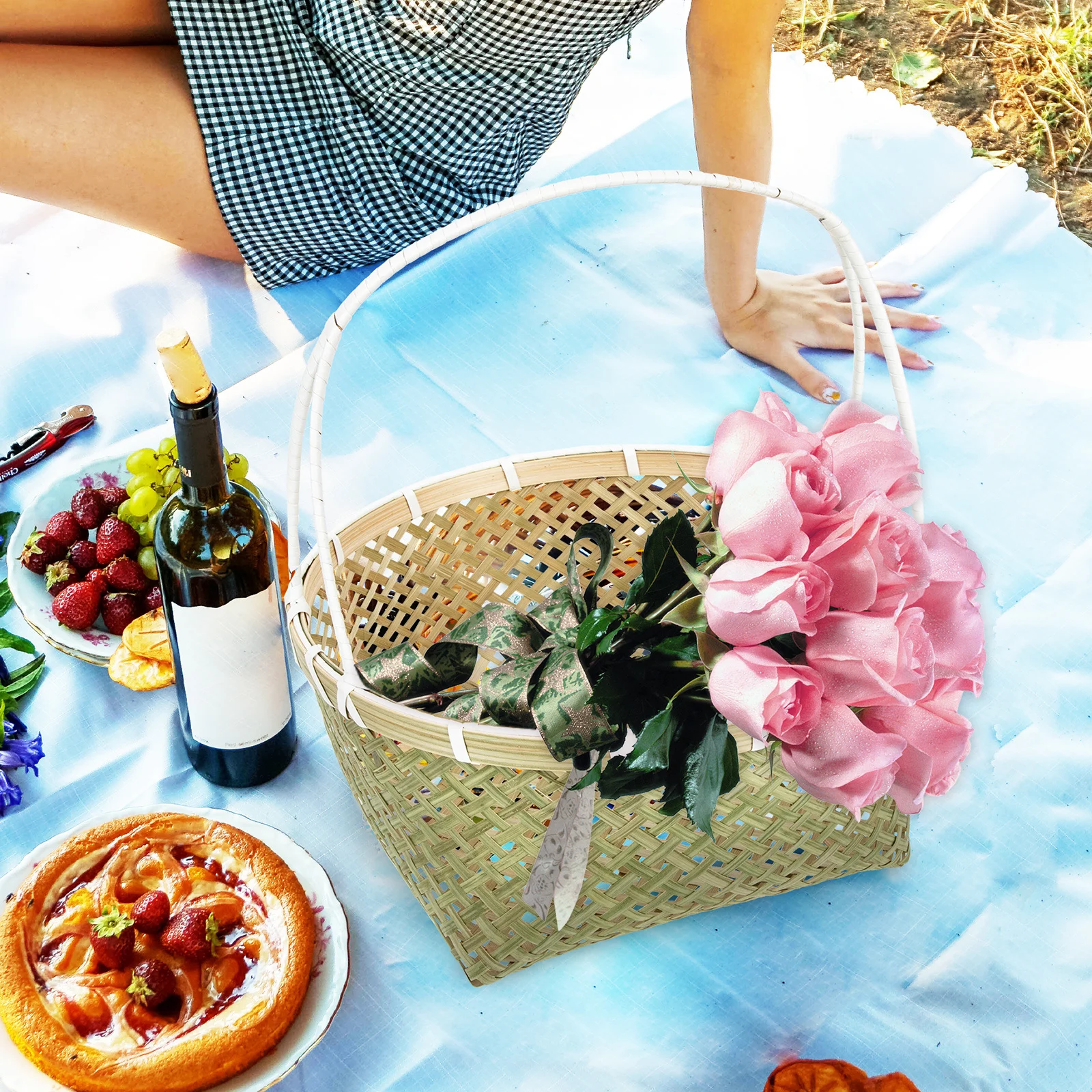 

Bamboo Woven Fruit Basket Handcrafted Storage Organizer Space Saving Flower Gift Basket For Home Wedding Party