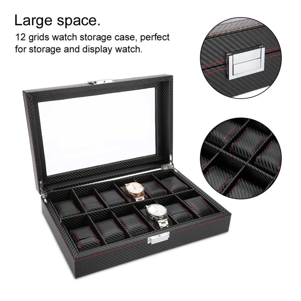 

Carbon Fiber Texture Watch Box PU Leather With Watch Pillow Watch Storage Case Woven Pattern Jewelry Container Desktop Display