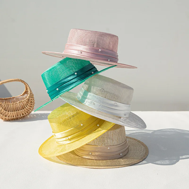 2026-new-summer-women's-straw-hat-pearl-woven-belt-small-flat-top-elegant-gift-hat-chinese-production-summer-season-hat