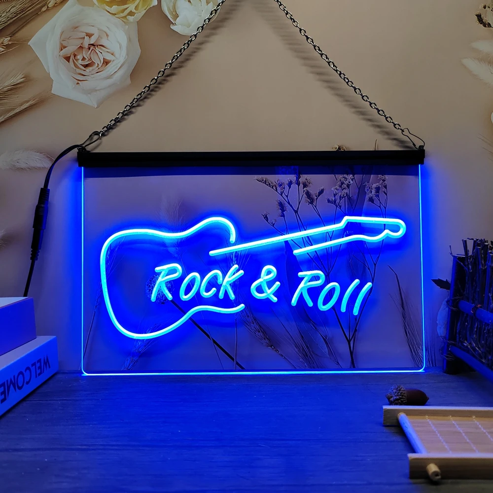 Rock and Roll Gitarrenmusik-3D-Schnitzerei LED-Neonschild Heimdekoration Wanddekoration Hochzeit Kreative Schlafzimmer Schreibtisch-Deko