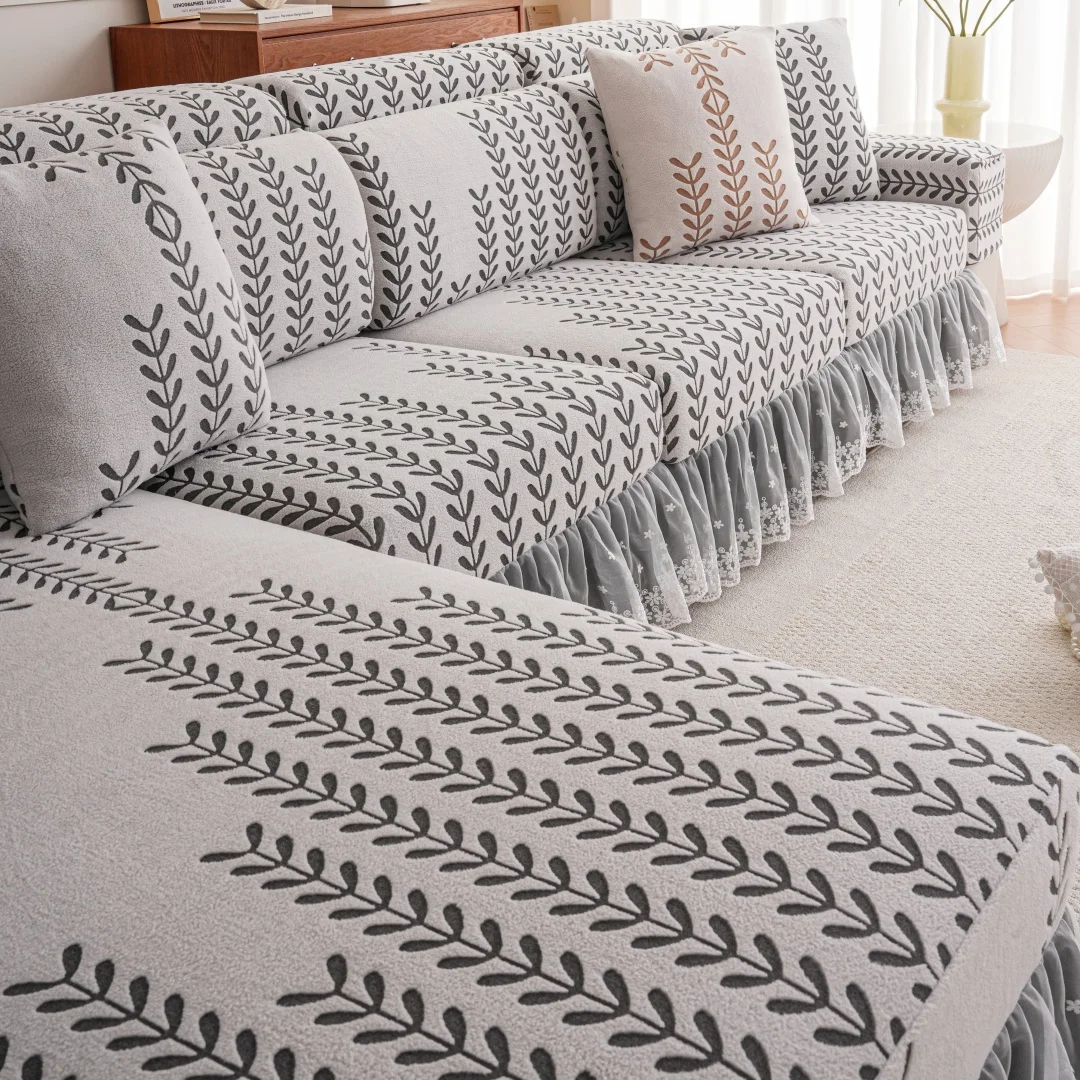 1 Stück Weizen-Jacquard-Stretch-Sofabezug aus Polarfleece mit Spitze, Rüschensaum, kontrastfarbene Sofabezüge für Wohnzimmer, Couch