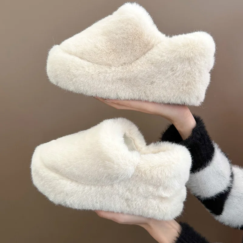 Fur Shoes Ladies\' Slippers Luxury Slides Women Heels On A Wedge Pantofle Platform Plush Designer High 2024 Fabric Rome PU Rubber