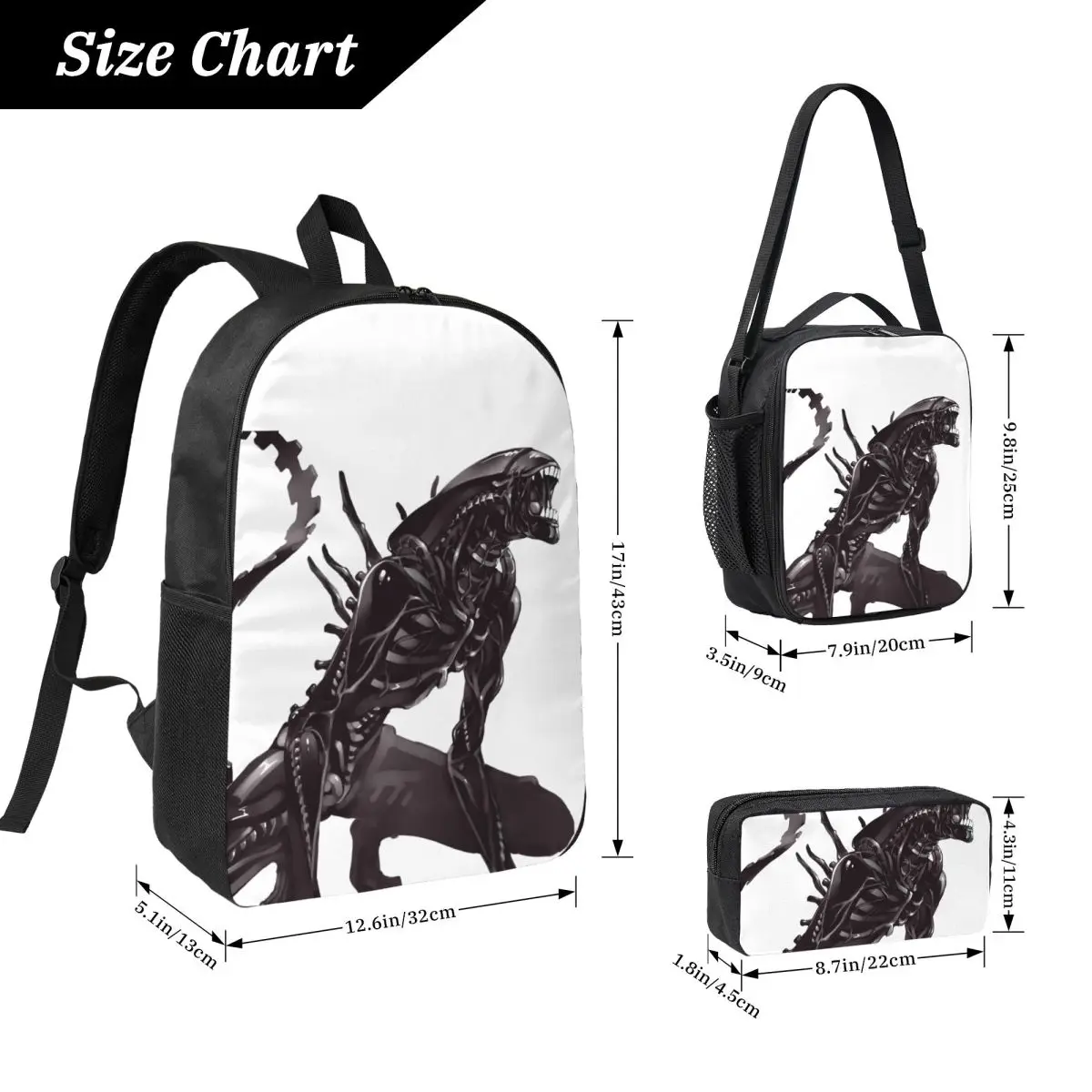 Xenomorph Alien Backpack Student Boys Girls BookBag School Bag Laptop Shoulder Bags 3ps Insulated Lunch Bag Pencil Case
