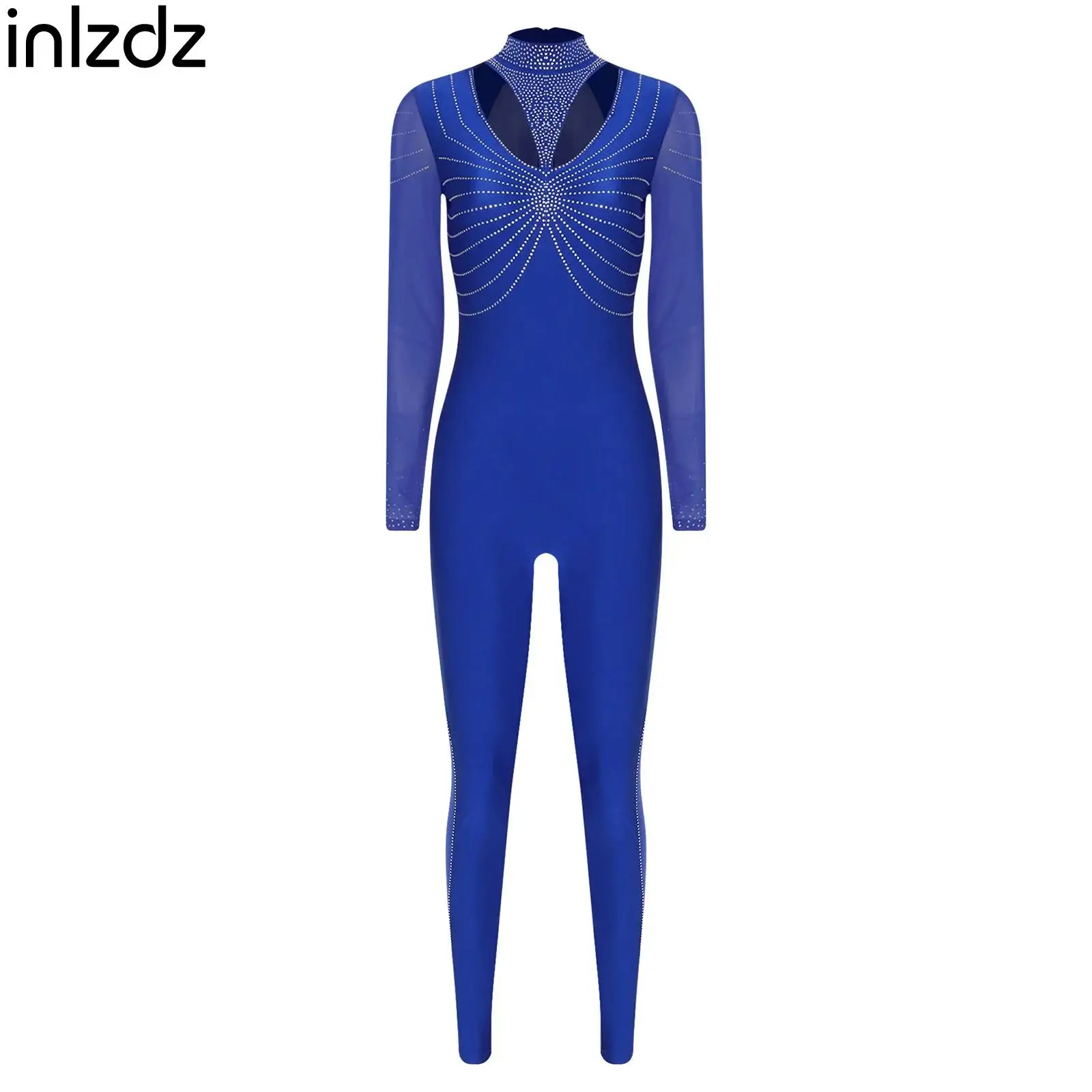 

Women Adult Rhinestones Gymnastics Jumpsuit Ballet Modern Figure Skating Costume Long Sleeve Rompers Spandex Bodysuit Dancewear