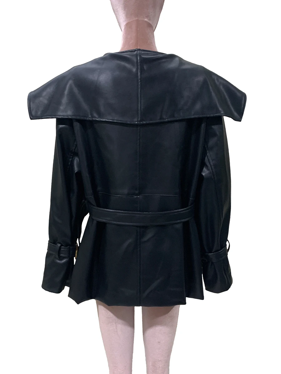 Primavera otoño abrigo de cuero Pu negro mujer cuello Peter Pan cinturón de manga larga un solo pecho elegante ropa de diseñador de lujo 2025