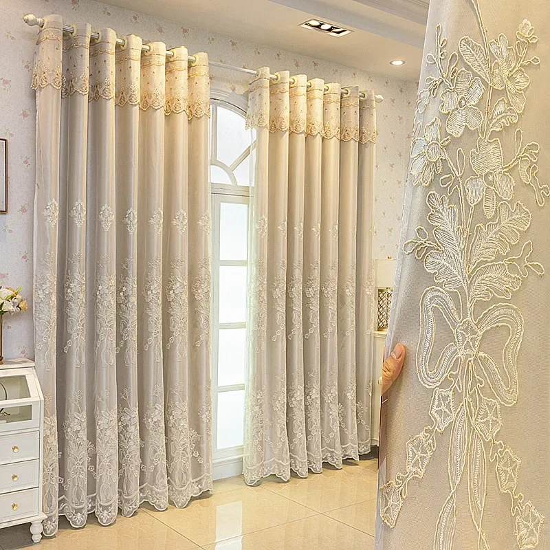 

European Luxury Curtains for Living Room Bedroom Embossed Embroidered Double-layer Blackout Cloth Gauze Integrated Custom Tulle