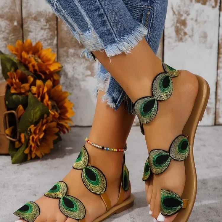Yellow Embroidered Faux Flower Fashion Sandals Flat Plus Size 43 Summer Outdoor Beach Shoes Travel Mom Shoes image 5
