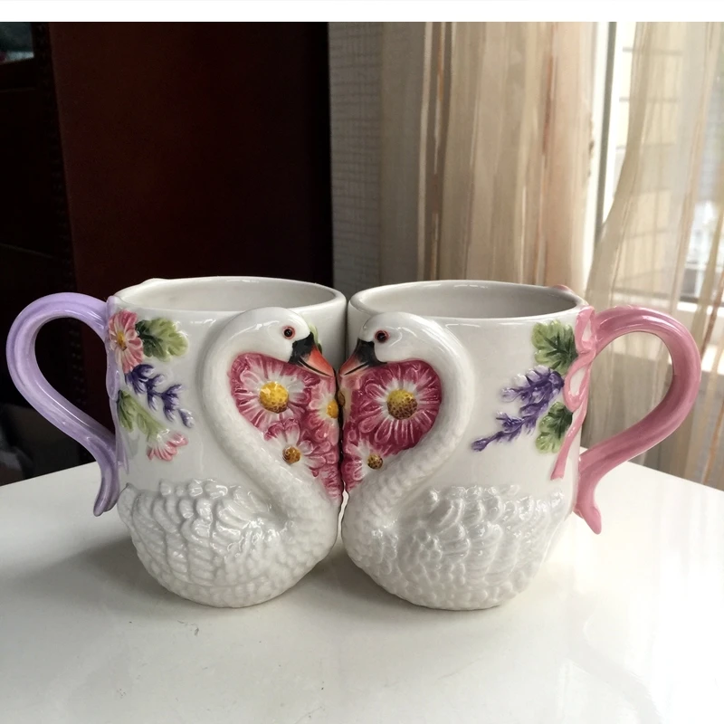 350ml Korean version of ceramic couple coffee cup a pair hand-painted cute swan mug water wedding gift