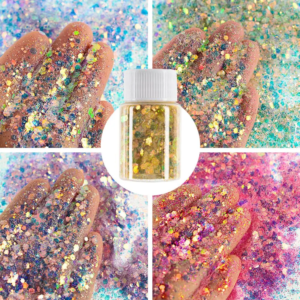 1Bottle(Net-10g) Aurora Mermaid Glitter Shiny Sparkly Hexagon Spangle Paillette Fairy Eyes Flake Sequins Manicure Pigment Powder
